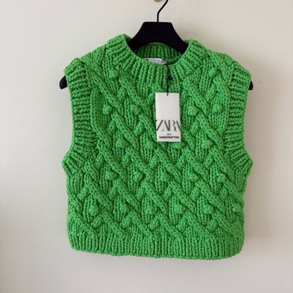 ZARA Neon Green Woven Handcrafted Chunky Knit Sweater Vest - Picture 1 of 4